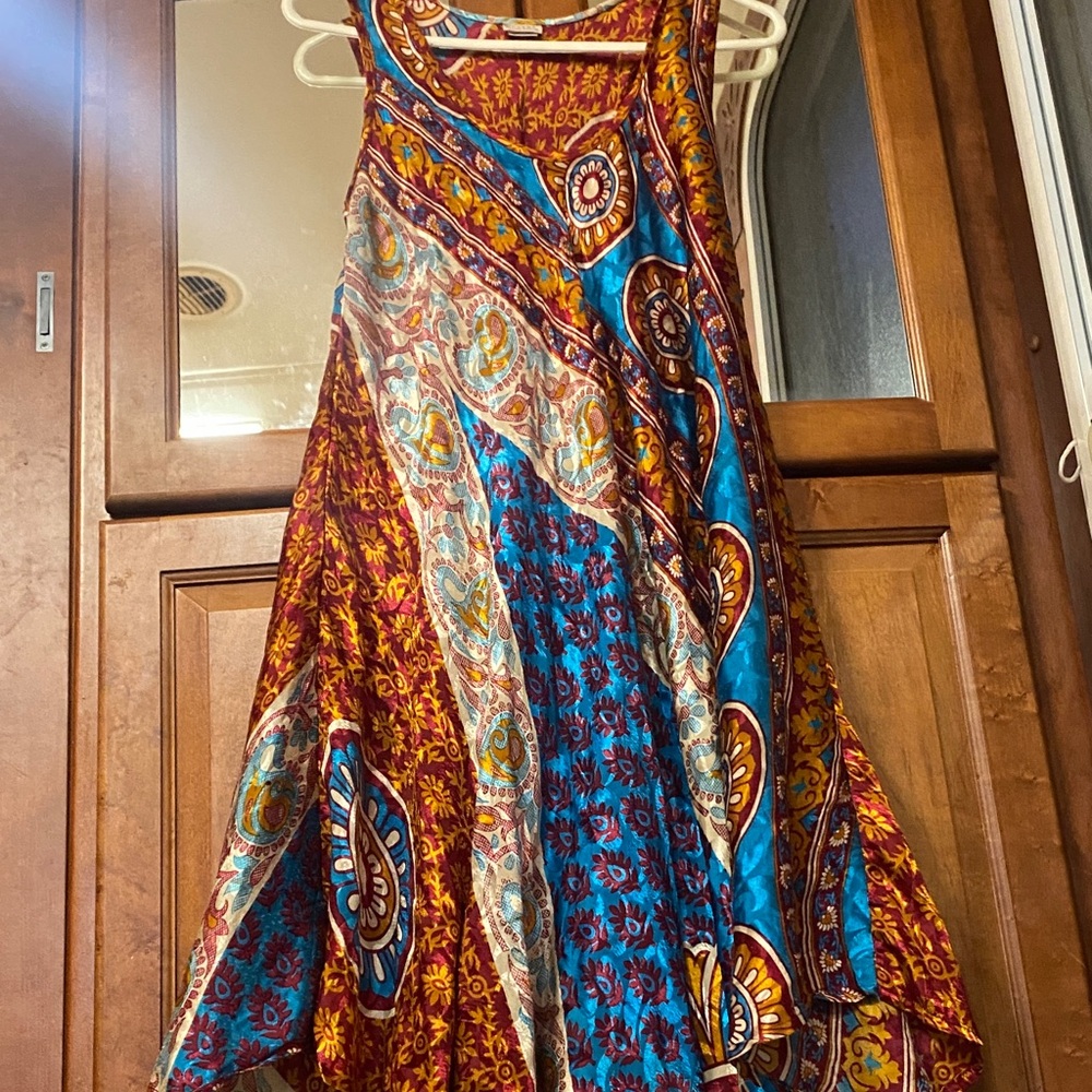 Silk Midi Dress in Dark Red, Blues & Gold Medallion Print S/M Hippie Boho